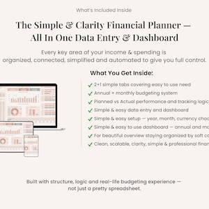May include: The Simple & Clarity Financial Planner, an all-in-one data entry and dashboard. The image shows a laptop, tablet, and smartphone displaying financial data. Text highlights features like budgeting systems, data entry, and dashboard options.