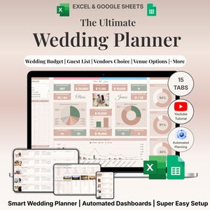 May include: A digital wedding planner displayed on a laptop, tablet, and phone. The screen shows a spreadsheet with charts and data. Text on the screen includes "Wedding Budget," "Guest List," and "Vendors Choice." Additional text reads "The Ultimate Wedding Planner" and "Smart Wedding Planner."