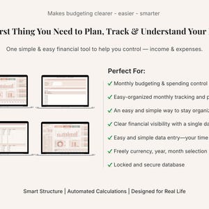 May include: Image of four laptops displaying financial dashboards. Text at the top reads, "The First Thing You Need to Plan, Track & Understand Your Money." Below, bullet points highlight features like monthly budgeting and easy data entry.