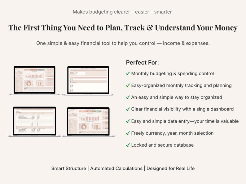 May include: Image of four laptops displaying financial dashboards. Text at the top reads, "The First Thing You Need to Plan, Track & Understand Your Money." Below, bullet points highlight features like monthly budgeting and easy data entry.