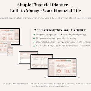 May include: A digital financial planner displayed on various devices, including laptops, tablets, and a smartphone. The image features the text "Simple Financial Planner" and highlights features like budgeting and data entry.