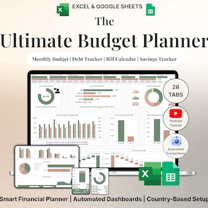 Op de afbeelding: Een digitale budgetplanner weergegeven op een laptop, tablet en telefoon. Het scherm toont grafieken voor financiële tracking. Tekst bevat "The Ultimate Budget Planner". De afbeelding toont ook Excel- en Google Sheets-logo's.