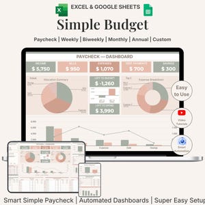 以下が含まれることがあります： 収入、支出、貯蓄を示す予算スプレッドシートのデジタル表示。画面にはグラフと財務データが表示され、「Simple Budget」というテキストと、給与明細、毎週、毎月の追跡オプションが表示されます。画像には「Easy to Use」というテキストも含まれています。