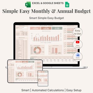 May include: A digital mockup of a budget spreadsheet displayed on a laptop, tablet, and smartphone. The spreadsheet features charts and graphs with financial data. The text reads "Simple Easy Monthly & Annual Budget" and "Smart Simple Easy Budget."