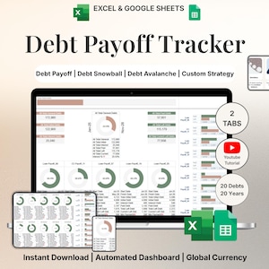 Könnte beinhalten: Ein digitaler Schulden-Tilgungs-Tracker, der auf einem Laptop, Tablet und Telefon angezeigt wird. Die Tabelle zeigt Finanzdaten mit Diagrammen und Grafiken. Der Text enthält "Debt Payoff Tracker", "Instant Download".