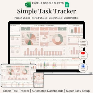 Könnte beinhalten: Ein Laptop, ein Tablet und ein Smartphone zeigen ein Task-Tracker-Dashboard an. Der Bildschirm zeigt Diagramme und Grafiken mit Datenvisualisierung. Der Text auf dem Bildschirm lautet "Simple Task Tracker" und "Person Choice | Period Choice | Date Choice | Customizable."
