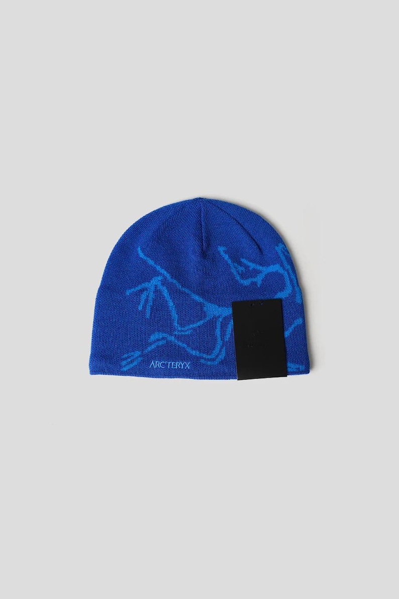 May include: A blue beanie with a light blue graphic design and a black tag. The beanie features the brand name "Arc'teryx" in white text. The hat is made of a soft, knitted material.