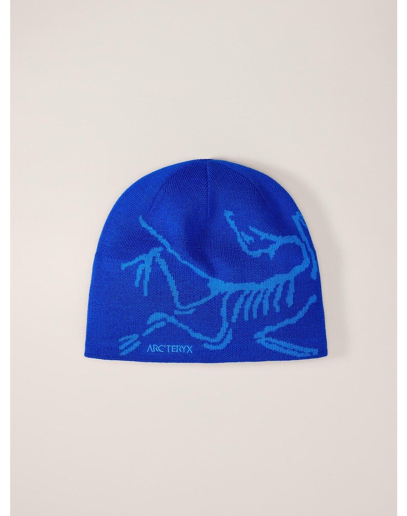 May include: A blue beanie featuring a light blue graphic design and the text "ARC'TERYX". The hat is made of a soft, knitted material. It is designed to keep the head warm.