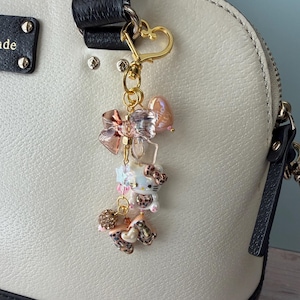 Leopard Print Beaded Keychain | Kawaii Hello Kitty Charm | Brown Gold Aesthetic | Translucent Bow Bag Charm | Y2K Coquette | Limited Edition