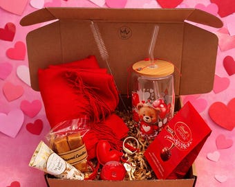 Valentine's Day Gift Box | Red Linen Scarf, Glass Tumbler & Treats