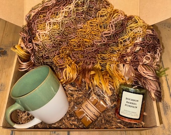 Cold Weather Cozy Gift Box for Her | Crochet Shawl, Mug, Candle & Sea Salt Caramels
