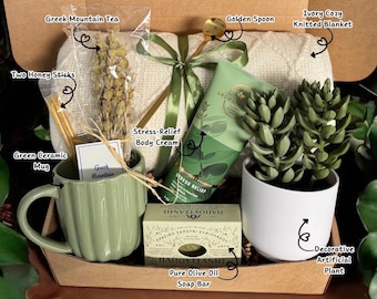 Stress Relief Comfort Gift Basket – Cozy Ivory Blanket, Greek Mountain Tea & Eucalyptus Body Cream