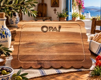 OPA! Greek Acacia Cutting Board – Laser Engraved Greek Serving Board – Charcuterie Board – Greek Kitchen Gift – Housewarming Gift