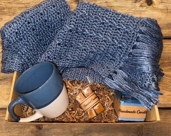 Cold Weather Cozy Gift Box for Him | Blue Scarf, Mug, Candle & Sea Salt Caramels