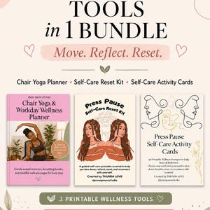 May include: An advertisement for a wellness bundle featuring three printable tools: a Chair Yoga & Workday Wellness Planner, a Self-Care Reset Kit, and Self-Care Activity Cards. The bundle is $12, with a value of $17. The image has a pink and green color scheme.