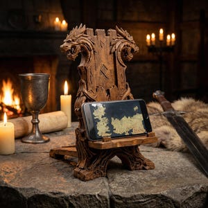 May include: A brown wooden phone stand featuring dragon head carvings. The stand holds a smartphone displaying a map. The scene includes candles, a goblet, and a sword, creating a medieval aesthetic.