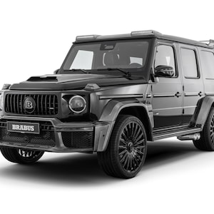 May include: A black SUV with the "BRABUS" logo on the front. The vehicle has black alloy wheels, a roof-mounted light bar, and a distinctive front grille. The car is set against a white background.