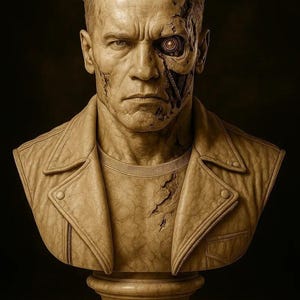 Peut inclure: Buste sculpté d'un homme à l'expression sévère, vêtu d'une veste en cuir et avec des composants mécaniques exposés sur le côté droit de son visage. La sculpture est dans les tons de beige et de marron.
