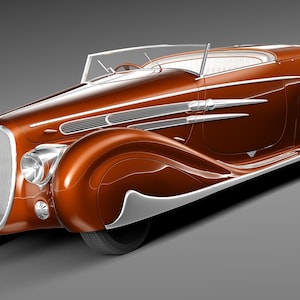 May include: A vintage-style, brown convertible car with a sleek design. The car features chrome accents, a white interior, and large, curved fenders. The car has a streamlined body and a classic front grille.