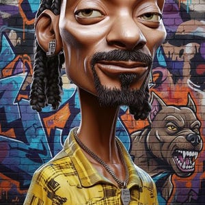 Puede incluir: Ilustración de estilo caricatura de un hombre con trenzas, perilla y camisa a cuadros amarilla. Lleva una cadena plateada y un colgante. Un perro gruñendo está en el fondo, sobre un muro de ladrillos cubierto de grafitis.