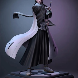 May include: A detailed figurine of a character in a black and white outfit, holding a sword. The figure stands on a patterned base. The character's long coat has a flowing design, and the figure has a serious expression.