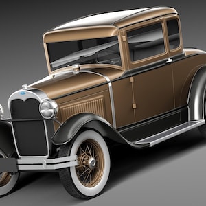 May include: A classic brown and tan vintage car with white-walled tires. The car has a two-door coupe design, chrome accents, and a black front grill. The vehicle is a model of a classic car.