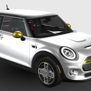 Può includere: Un'auto argentata a due porte con dettagli neri e specchietti laterali dorati. L'auto ha pneumatici neri con cerchi dorati e il testo "3D:SQUIR" sulla targa. Su sfondo bianco.
