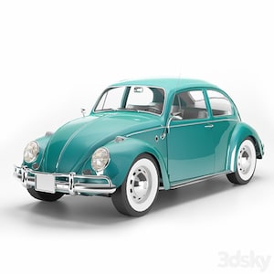 Puede incluir: Un coche vintage turquesa con neumáticos de banda blanca. El vehículo clásico tiene una carrocería redondeada, parachoques cromados y faros. El coche está sobre un fondo blanco.