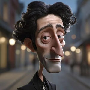 Puede incluir: Retrato de dibujos animados estilizado de un hombre con cabello oscuro y rizado, una nariz larga y un cuello delgado. Lleva un traje negro y corbata. El fondo es una escena callejera borrosa con iluminación suave.