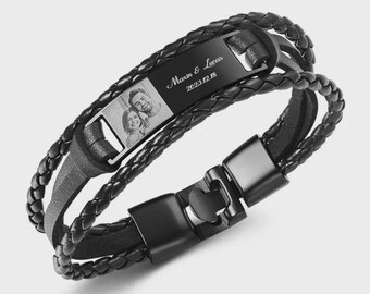 Personalized Photo Bracelet, Engraved PU Leather Men's Braid