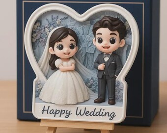 Custom 3D Wedding Figurine with Wooden Stand, Personalized Keepsake