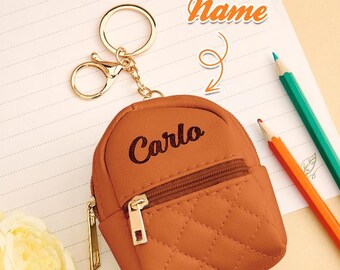 Personalized Name PU Leather Backpack Keychain – Custom Mini Bag Keyring Birthday Gift
