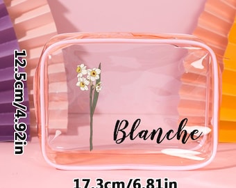 Personalized Birth Flower Clear Makeup Bag Waterproof Cosmetic Bag Wedding Travel Gift for Her