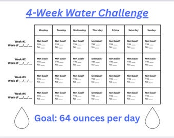 4 Week Water Challenge - Track Water Intake - 64 ounces of water per day, form good habits