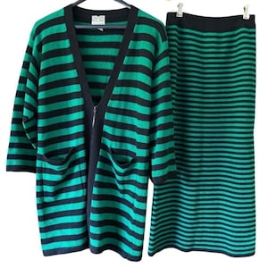 Crescendo Damen Gestreifter Pullover Set Vintage 80er Jahre Lammwolle Grün Schwarz S