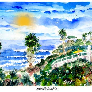 Könnte beinhalten: Ein Aquarellbild, das eine Strandszene mit Palmen, Wellen und blauem Himmel zeigt. Die Sonne scheint hell am Himmel. Das Bild ist mit "Swami's Sunshine" betitelt und mit "J.W. Dawn" signiert.