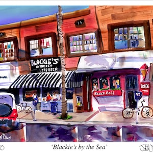 Blackie&#39;s Newport Beach Print John Dunn Watercolor Beach Wall Decor Coastal Art White Matted for Easy Framing Oceanfront Popular beach Bar