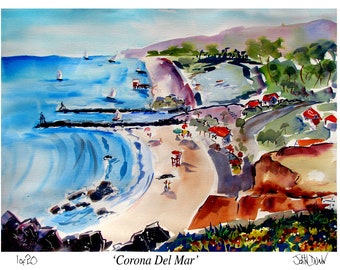 Impresión artística de la playa de Corona Del Mar: acuarela giclée de Newport Beach