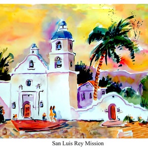 San Luis Rey Mission print hoge kwaliteit giclee print John Dunn aquarel muur decor Californië land muur opknoping cadeau idee van beeldende kunst
