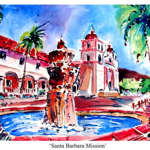 Santa Barbara Mission High Quality Giclee Print John Dunn Watercolor Wall Decor California Country  Wall Hanging Great Gift Idea of Fine Art