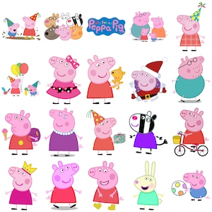 Puede incluir: Una colección de coloridas ilustraciones de dibujos animados que muestran a Peppa Pig y varios amigos con diferentes atuendos y actividades, incluyendo gorros de fiesta, ropa festiva y juguetes, con el texto My Friend Peppa Pig en azul.