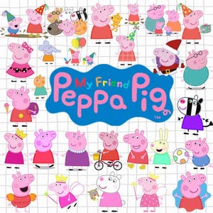May include: A colorful illustration featuring numerous cartoon characters from the "Peppa Pig" series. The characters are pink pigs, zebras, and other animals, some wearing party hats and holding balloons. The text "My Friend Peppa Pig" is displayed in a blue bubble.
