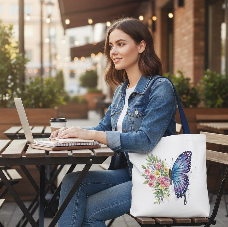May include: White tote bag featuring a watercolor butterfly design with blue and purple wings, and pink and yellow flowers. The bag has a blue strap and is being held by a person sitting at a table with a laptop.