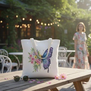 May include: White canvas tote bag featuring a watercolor butterfly design with blue and purple wings, and pink and yellow flowers. The bag has cream-colored handles and is sitting on a wooden picnic table. Sunglasses and flower petals are also on the table.
