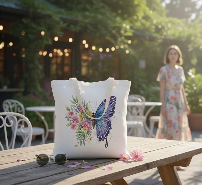 May include: White canvas tote bag featuring a watercolor butterfly design with blue and purple wings, and pink and yellow flowers. The bag has cream-colored handles and is sitting on a wooden picnic table. Sunglasses and flower petals are also on the table.