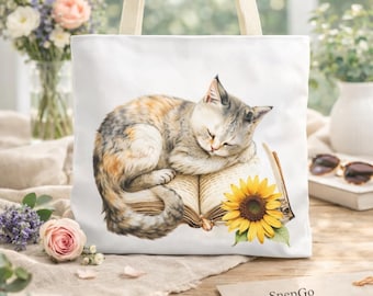 Cat Sleeping on Book Tote Bag, Aesthetic Bookish Gift for Librarian, Calico Cat Lover Canvas Bag, Cottagecore Reader Gift, Vintage Book Bag