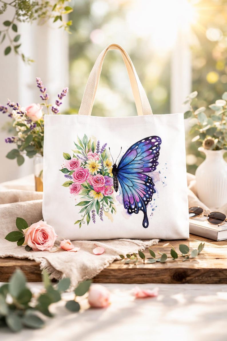 May include: White tote bag featuring a watercolor design of a butterfly and flowers. The butterfly has blue and purple wings. Pink roses, yellow daisies, and green leaves are also depicted. The bag has beige handles.