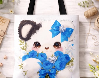 Cute Teddy Bear Tote Bag with Blue Roses, Kawaii Coquette Aesthetic Shoulder Bag, Floral Animal Canvas Bag, Unique Aesthetic Gift for Her