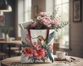 Hummingbird Floral Tote Bag, Durable Everyday Shoulder Bag, Botanical Nature Art Shopper, Reusable Gift for Nature Lovers