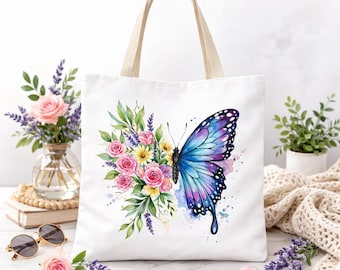 Borsa tote con motivo floreale a farfalla, borsa a tracolla con fiori acquerellati, borsa a mano in cotone boho estetica, regalo in poliestere filato resistente per lei
